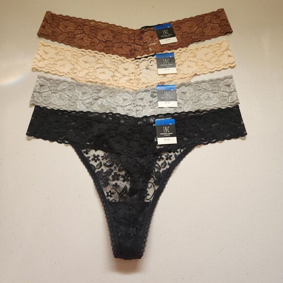 INC International Concepts Lace Thong Womens XL Black Grey Beige Brown Set Of 4 - Picture 1 of 9